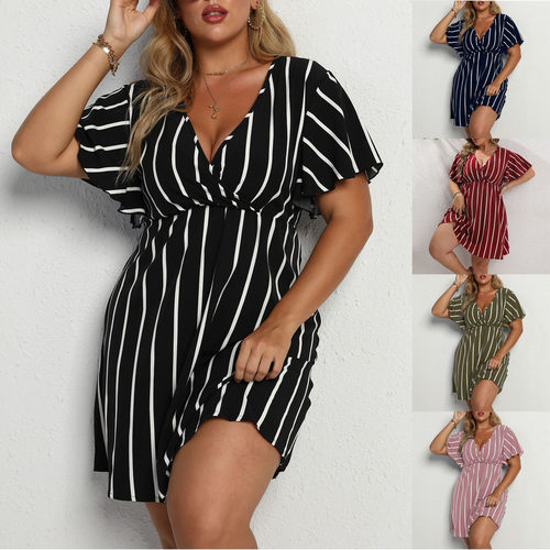 Women's Plus Size Striped V-neck Short-sleeved Loose Casual