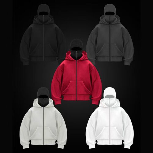 Men's Zipper Shirt Fleece Cardigan Masked Double Hat Design