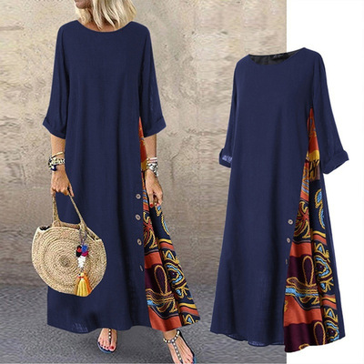 Vintage Floral Round Neck ntrast Button Stitching Seven Slee