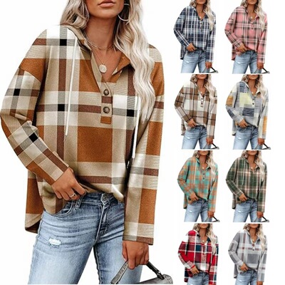 2026 Women's V-neck Button Hooded Plaid Pullover
