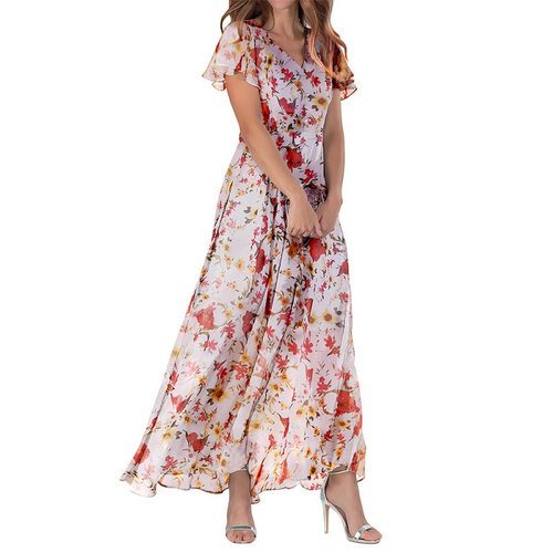 2026 Long Skirt V-neck Short Sleeve Printed Chiffon Elegant