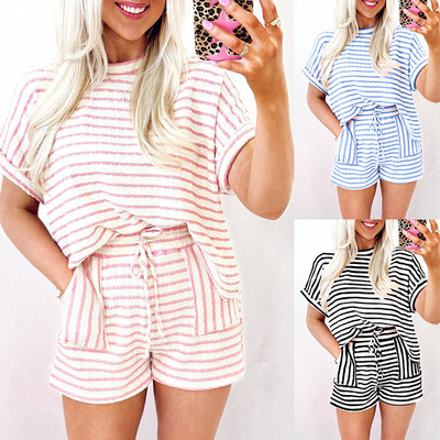 2026 Women's Round Neck Pullover Short Sleeve Drawstring Sho