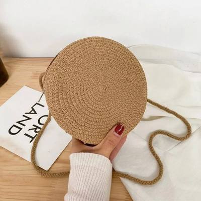 Minimalist Straw Bag Round Crossbody Purse Women Shoulder Vo