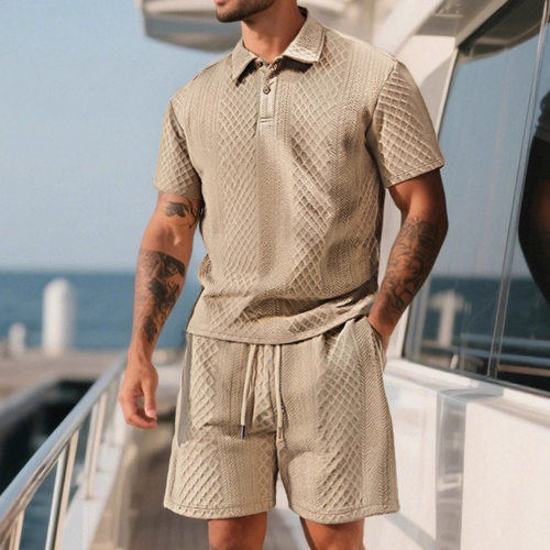Tk Men's Men's Casual T Set Tem Thin Jacquard Lar Short Slee