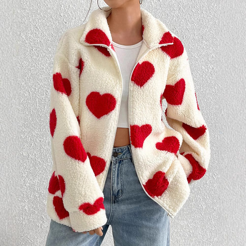 Shanrong 2026 Women’s Plush Cardigan at With Heart Print, L