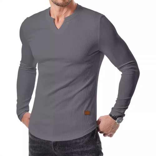 Men’s V-neck Ribbed T-shirt, Solid-color Casual Fashion For