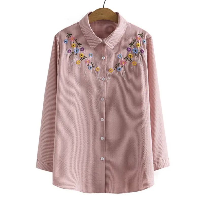 4XL Plus Size Shirts Women Spring Chest Embroidery Flower To