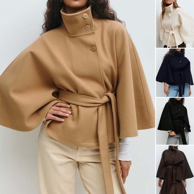 Women Fashion Solid lor Poncho llar Button Belt at