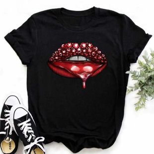 Maycaur Lip Shirt Fashion Diamond Graphic Female Women‘s