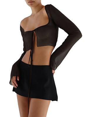 Women s Y2K Sheer Mesh Long Sleeve Open Front Self Tie Crop