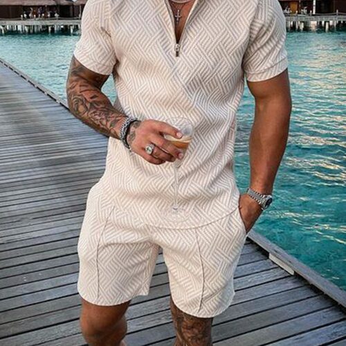 2026 Men's Casual ntrast Zipper Turtleneck Short Sleeve Suit