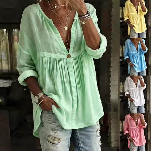 Women's Casual Loose Fashion Solid lor Button Pullover
