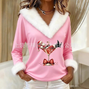 2026 Women's Christmas Print Fur llar Stitching V-neck T-shi