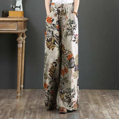 ZANZEA Women's Elastic Waist Long Trousers 2021 Vintage Prin