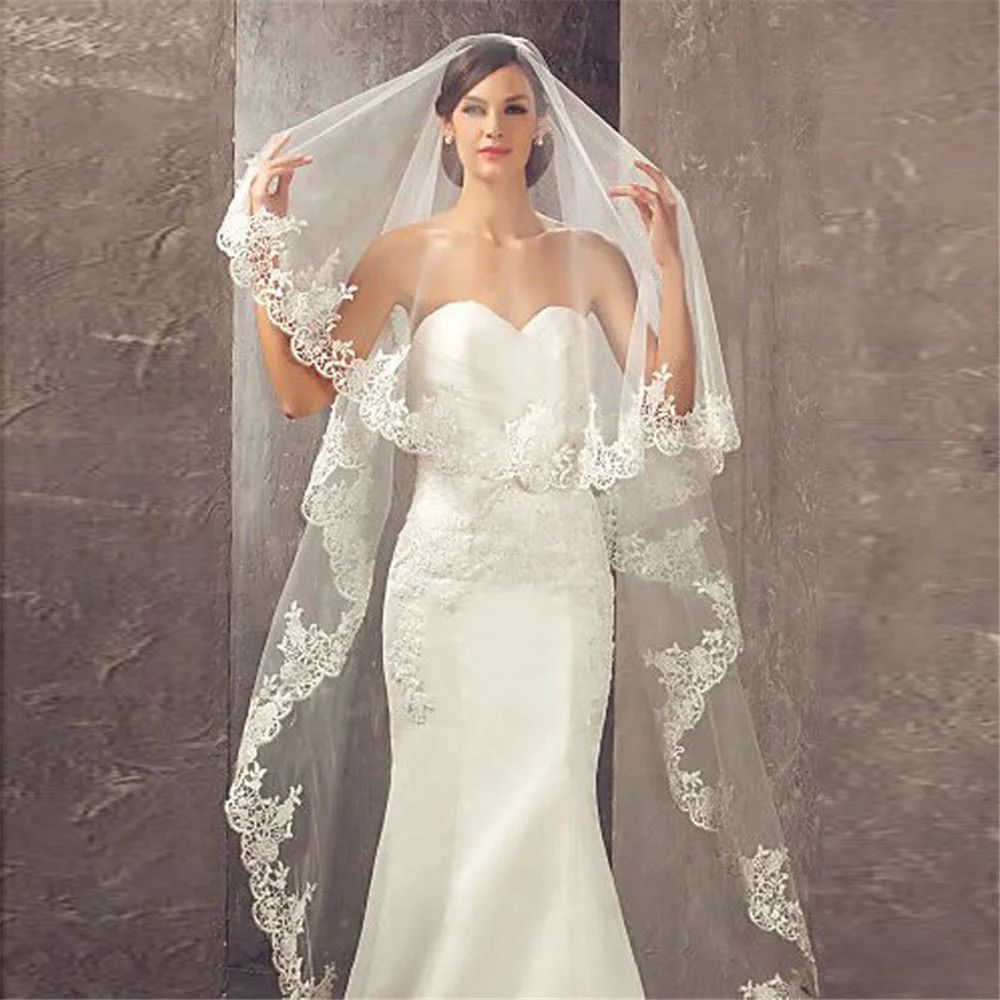 Wedding Veil Lace Edge Long Luxurious Bridal Veil White/Ivor