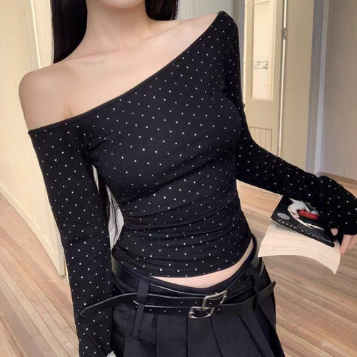 Ins Pure Desire Sexy Polka Dot Slope llar Off-shoulder T-shi