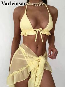 New With Sarong Halter Ruffled Bikini Women Swimwear Female