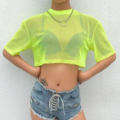 Fashion Women Mesh Sheer Half Sleeves Crop Tops Casual See-t