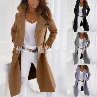 Women's Solid lor Lapel Mid-length Woolen at Women's at