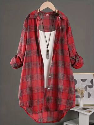 Plus Size Korean Style Plaid Blouses Medium Long Casual Styl