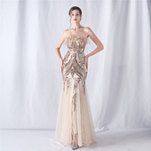 晚礼服裙女轻奢高级质感大气重工亮片抹胸裹胸长款 鱼尾网纱连衣裙