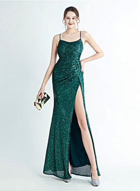 吊带晚礼服女2025新款轻奢高级感宴会气质侧开叉亮闪闪长款连衣裙