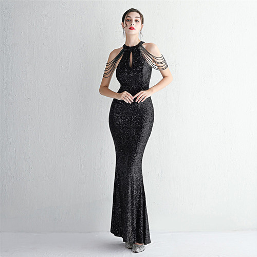 时尚气质优雅长款挂脖修身鱼尾裙