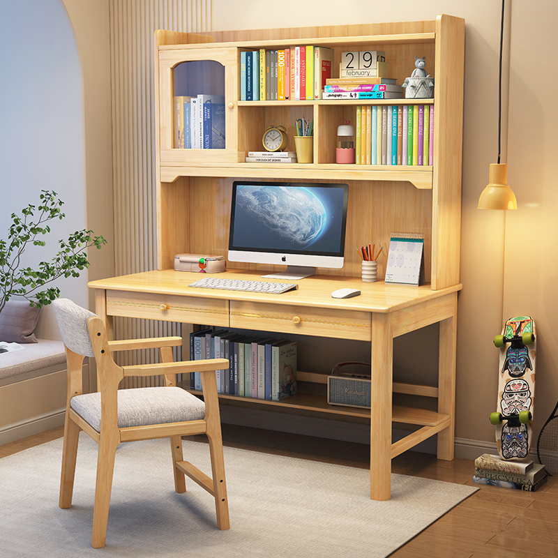 实木书桌书架一体轻奢家用学生写字桌卧室简易多功能办公电脑桌子