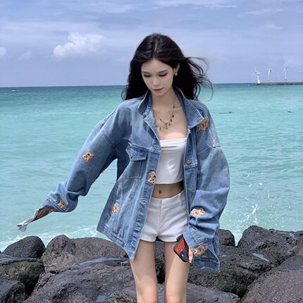 蓝色夹克工装牛仔外套女设计感小众美式大码复古高级感春秋季上衣