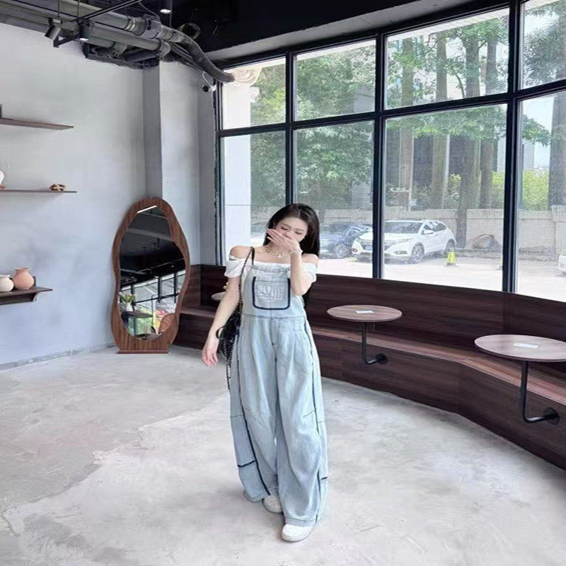 美式复古水洗牛仔背带裤女秋季设计感小众宽松休闲工装直筒裤ins