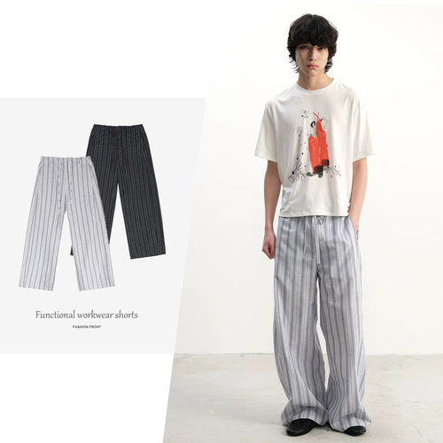 JCAESAR PANTS 条纹打褶系带长裤 间色条纹棉麻质感 微弯刀休闲裤