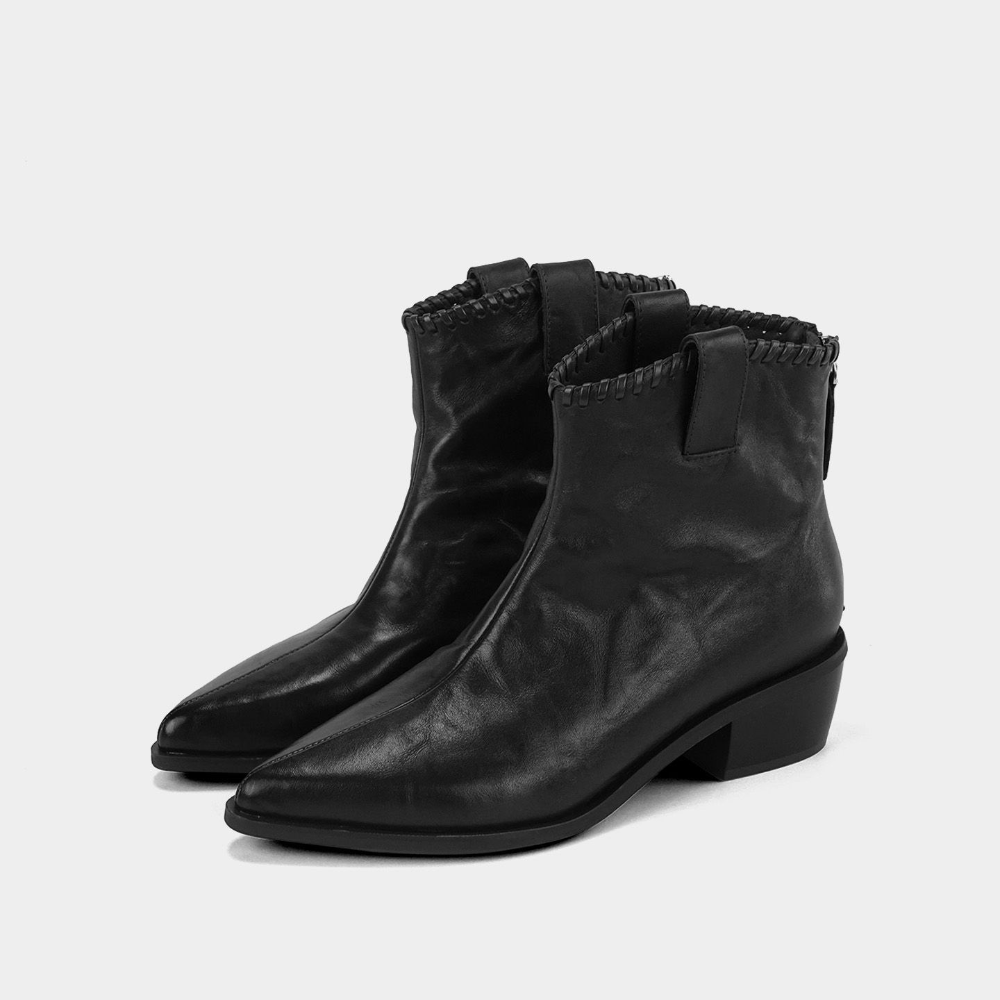 复古粗跟尖头短靴软底弹力瘦瘦靴黑色女靴女士