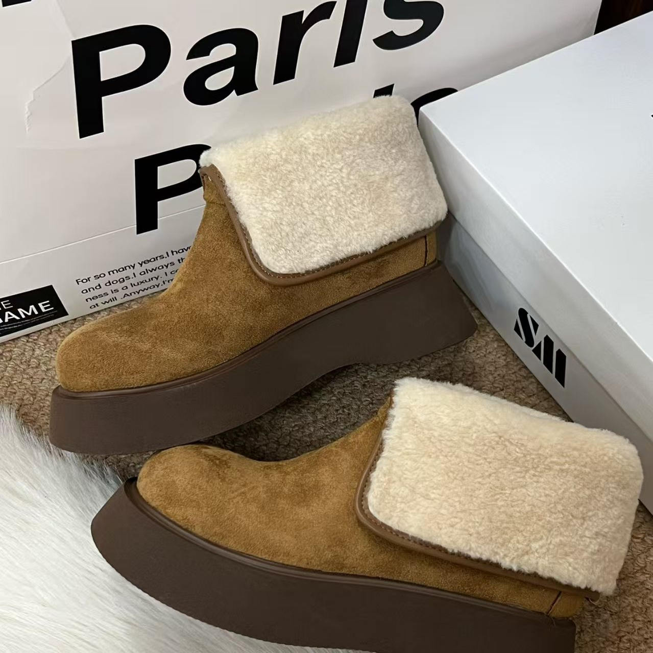 冬季时尚雪地靴小个子灰色雪地靴加绒毛毛鞋