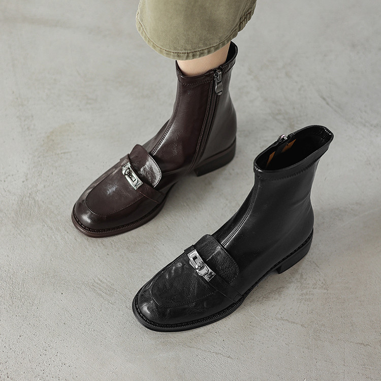 复古金属锁扣羊皮拼接弹力瘦瘦靴