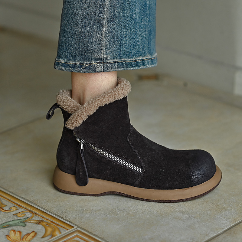 复古磨砂牛皮加绒厚底女棉鞋