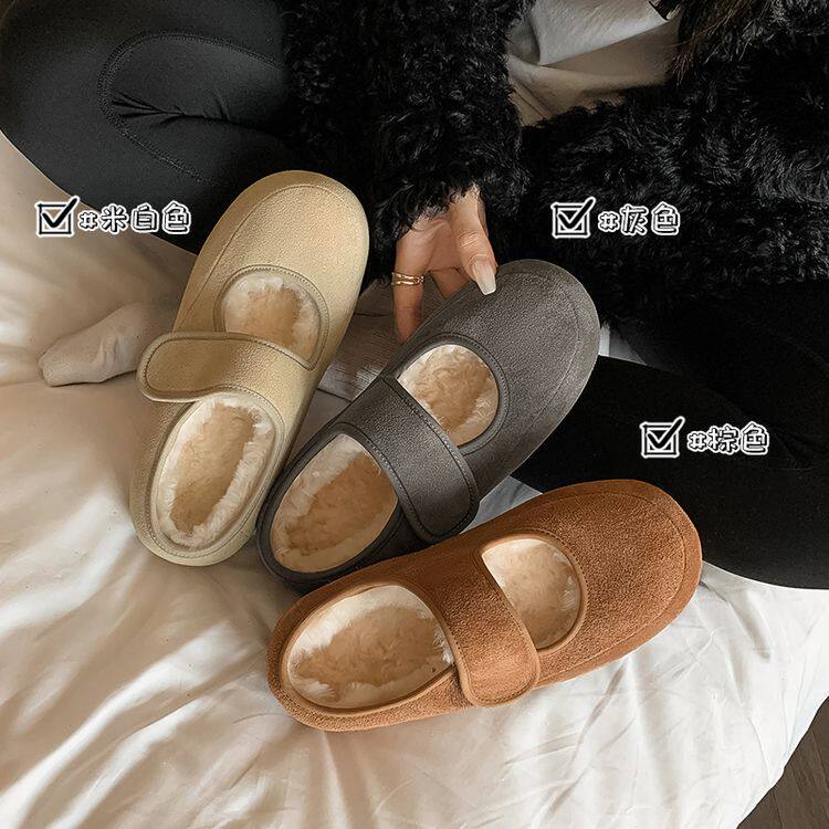 今年流行磨砂牛皮复古羊毛里玛丽珍鞋冬季保暖圆头单鞋34-42大码