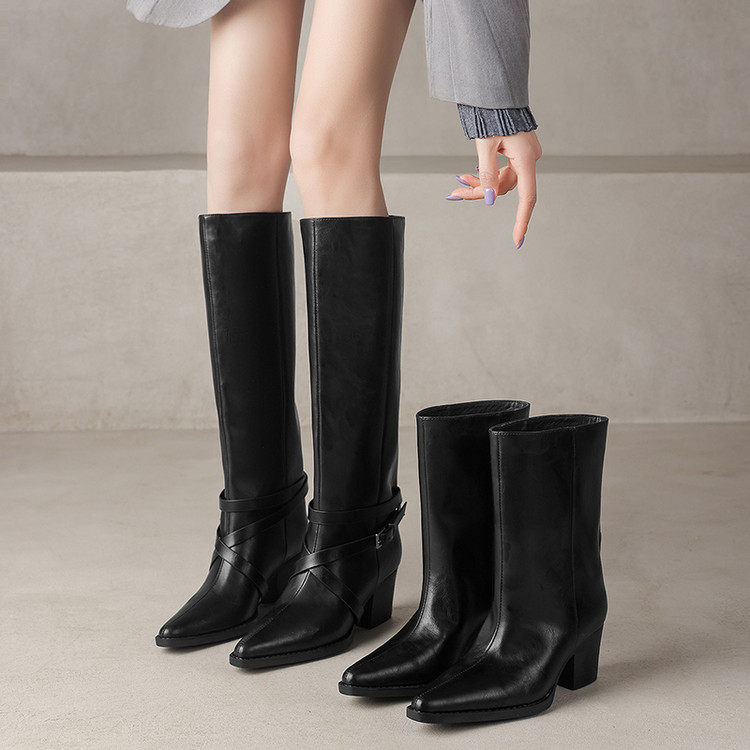 两穿~可拆卸皮带扣牛皮靴子女6.5cm中高筒骑士靴 套筒一脚蹬女靴,女鞋,时装靴,淘宝优惠券,粉丝福利购,淘宝优惠卷