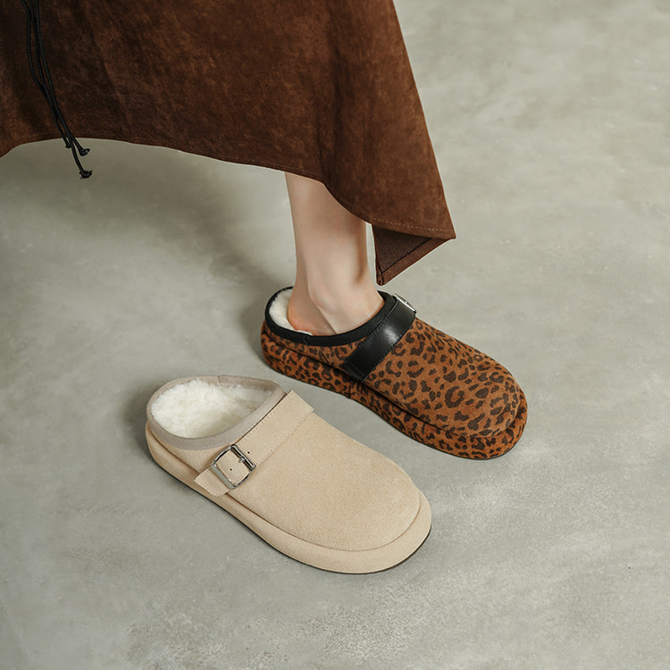 豹纹牛翻皮勃肯鞋女羊羔毛拖鞋