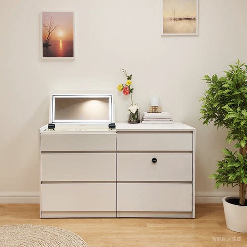 斗柜梳妆台书桌一体隐藏式可移动妆凳可翻盖折叠可发光妆镜多功能