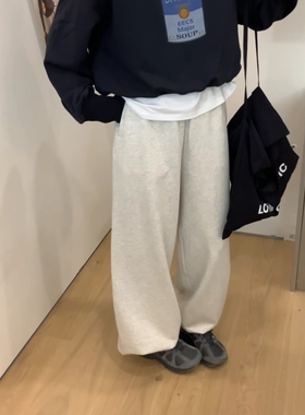 OUVIR松紧腰裤脚抽绳毛圈卫裤韩国秋季加厚高腰显瘦阔腿裤