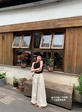 Bee家夏新款橡筋腰阔腿直筒休闲裤 百搭翻折边长裤奶奶裤