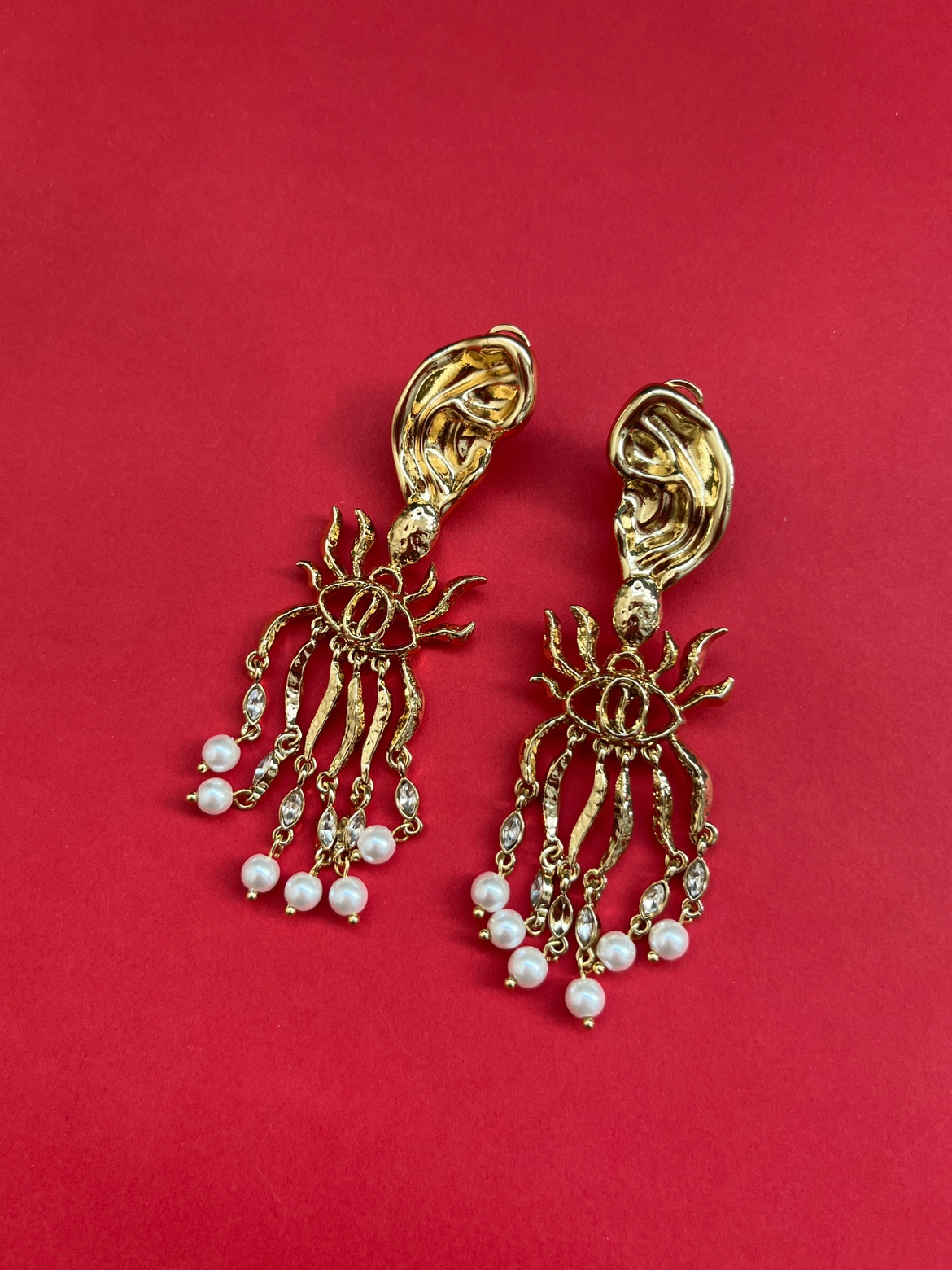 中古宫廷重工vintage近现代耳朵眼睛镂空长流苏小众手工夸张耳环