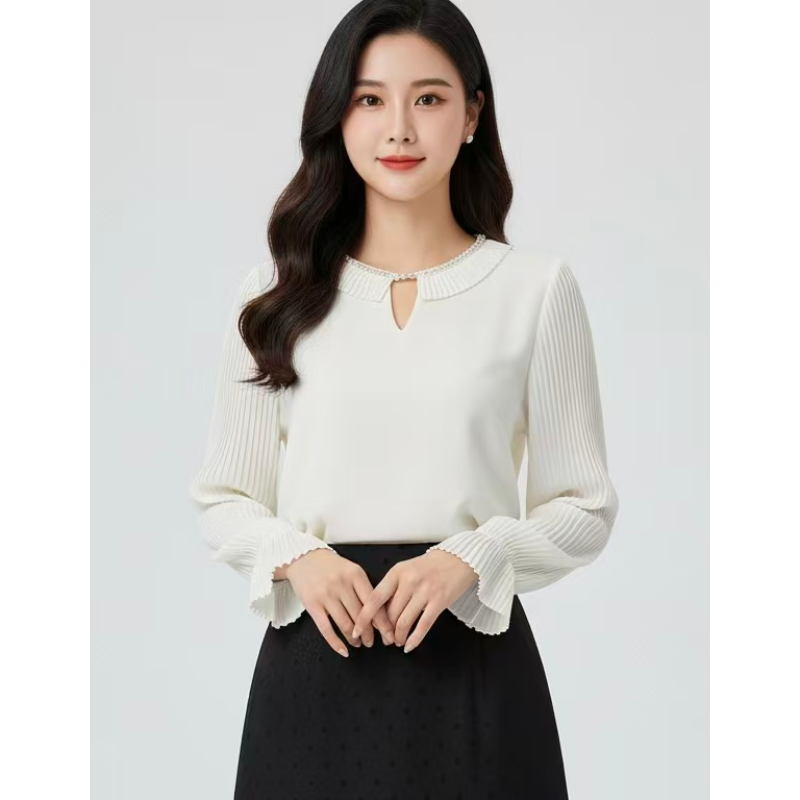 2025新款韩国气质显瘦圆领时尚拼接镂空纯色套头长袖雪纺衫女秋季