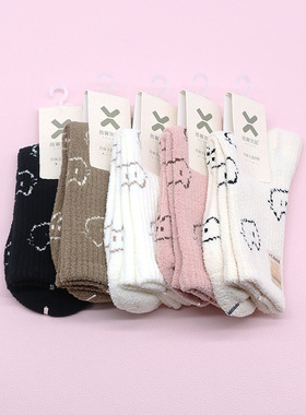 西客优品  冬款新品小猫满印暖暖绒保暖中筒学生成人女袜252Q2633