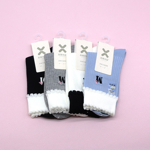 西客优品秋冬刺绣泡泡口中筒女袜