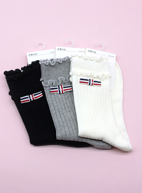 西客优品  秋冬时尚木耳边蝴蝶结甜美纯色中高筒成人女袜252M2925