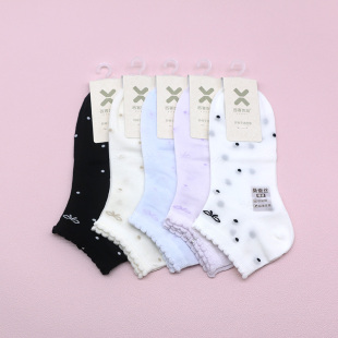 西客优品 超薄裸感桑蚕丝蝴蝶结圆点花边成人女船袜261Q3116 夏季