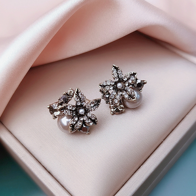 妾之意复古花朵珍珠银针耳环女