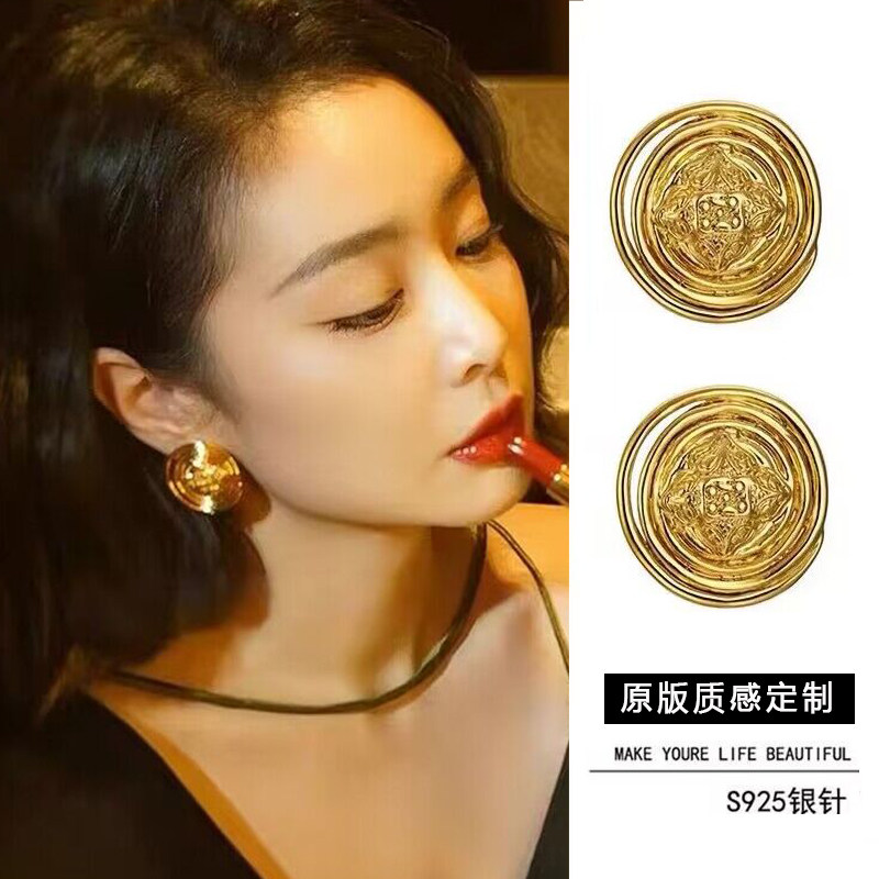 狂飙小众陈书婷同款耳环复古百搭纽扣大气耳钉气质感轻奢金色耳饰