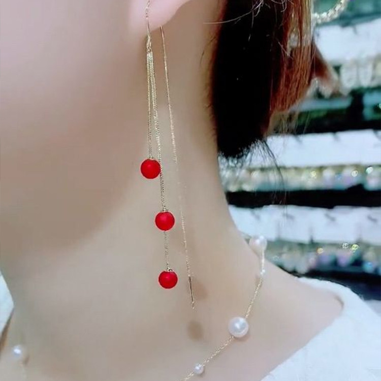 妾之意日韩红色流苏显脸小耳线女